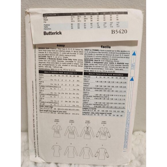 Butterick B5420 Sewing Pattern UNCUT Sizes 8–14 | Women’s Tunic Top - Picture 10 of 10